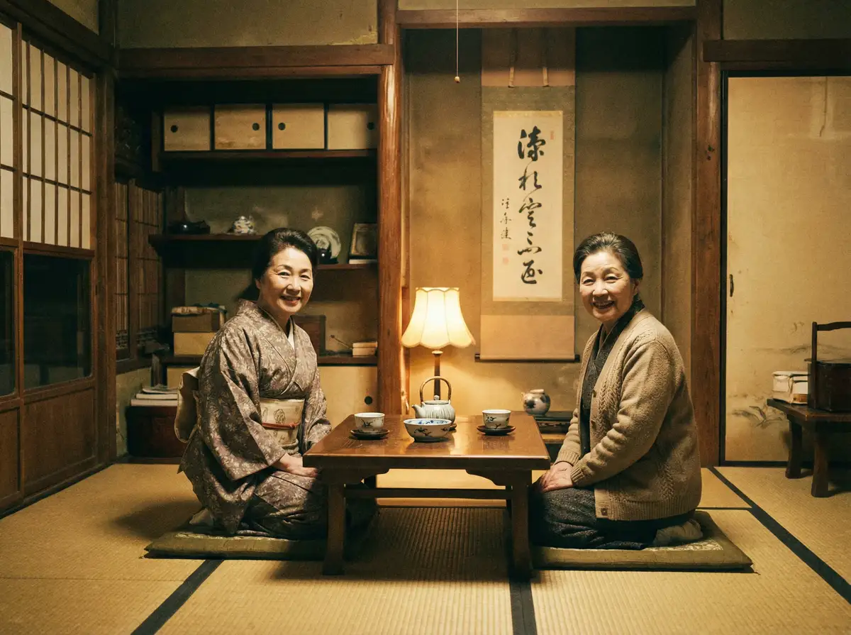 两位优雅的 天马体育网站 在日式茶室中品茶交谈